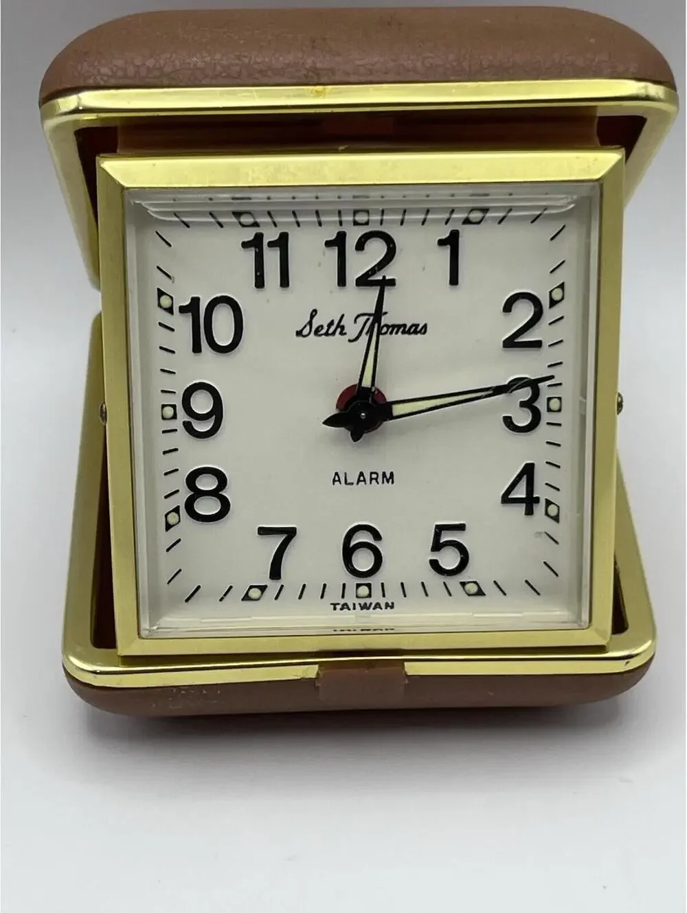 Vintage Seth Thomas Travel Alarm Clock Wind Up Brown Clam Case Working